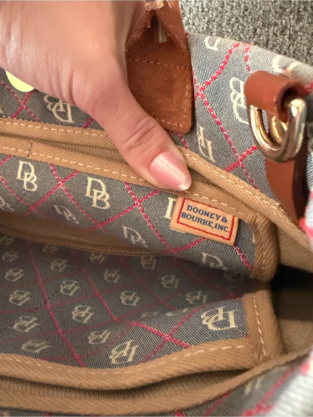 Dooney and Bourke Monogrammed Pattern Gray and Brown Tote Bag with Tassel - Picture 7 of 8